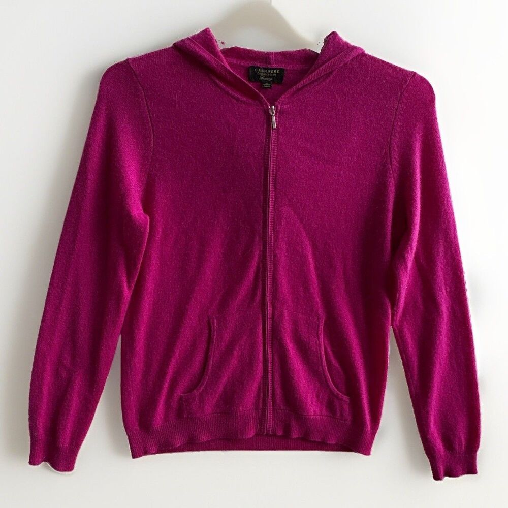 Charter Club Luxury 100% Cashmere Fuchia Knit Full Zip Hooded Cardigan Size M
